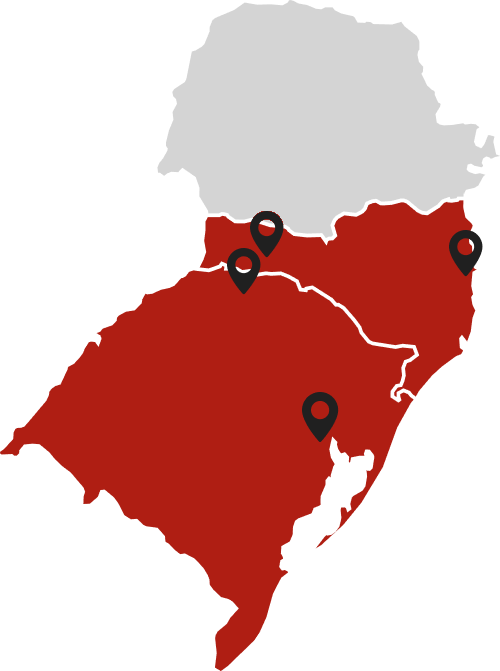 Mapa de atuação da Nilo Tozzo em Santa Catarina e Rio Grande do Sul